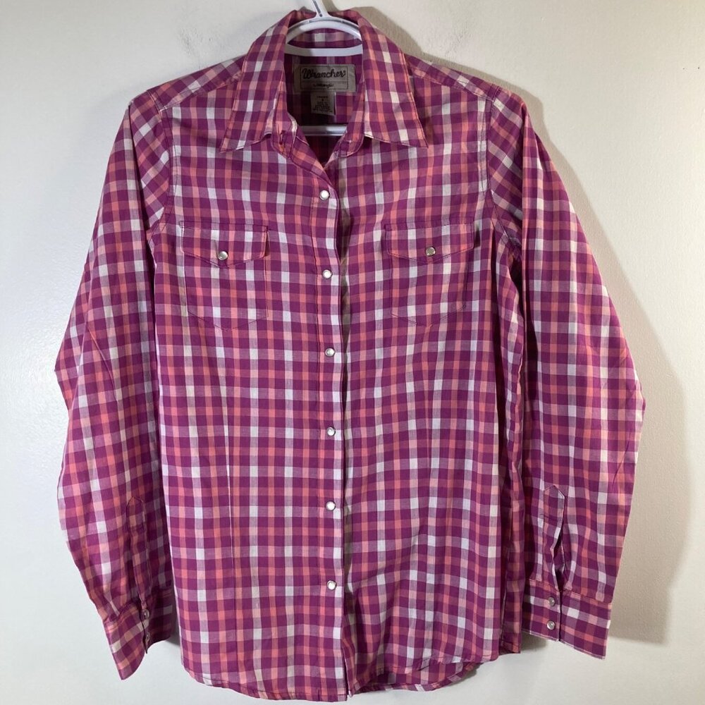 Wrancher by Wrangler Western Pearl Snap‎ Shirt S Pink Orange White